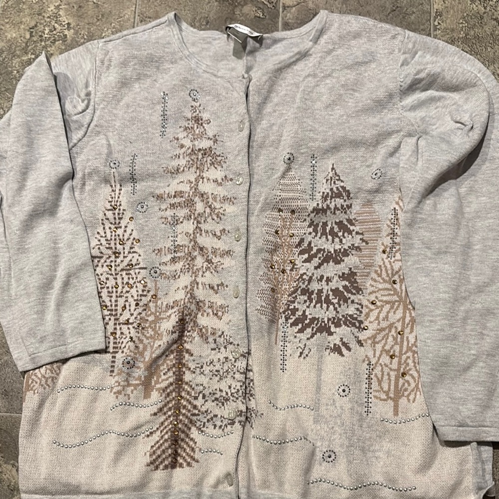 Christopher & Banks Light Gray Cotton holiday cardigan size XL NEW #97
